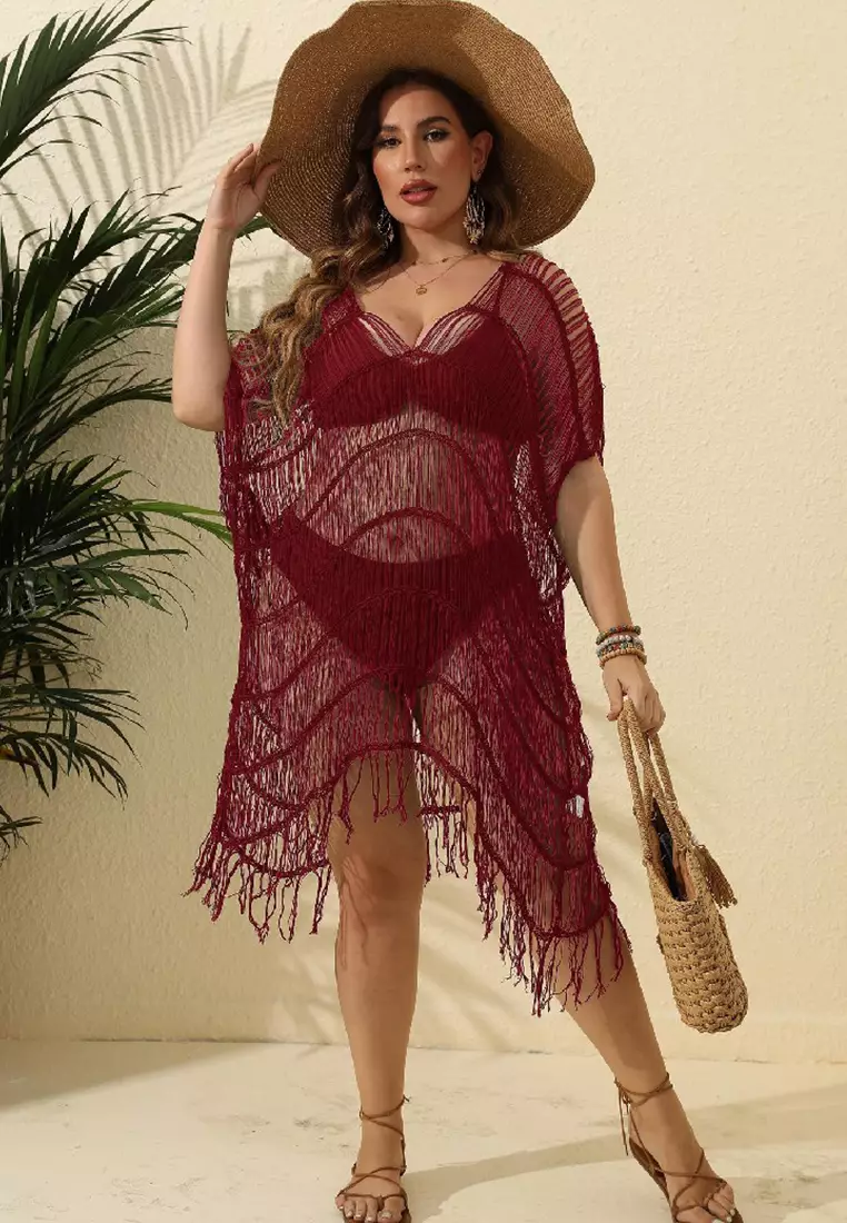 Red plus size swimsuit cover up top