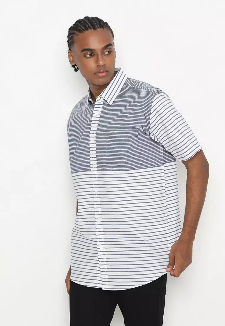 RBJ Kemeja Salur Kombi Biru Putih Regular Fit Pria