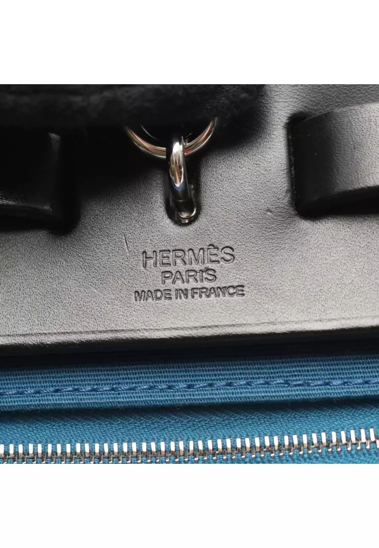 Pre-Loved Hermès herBag Zip PM Handbag Toile Officier vache hunter blue black silver hardware 2WAY A stamp