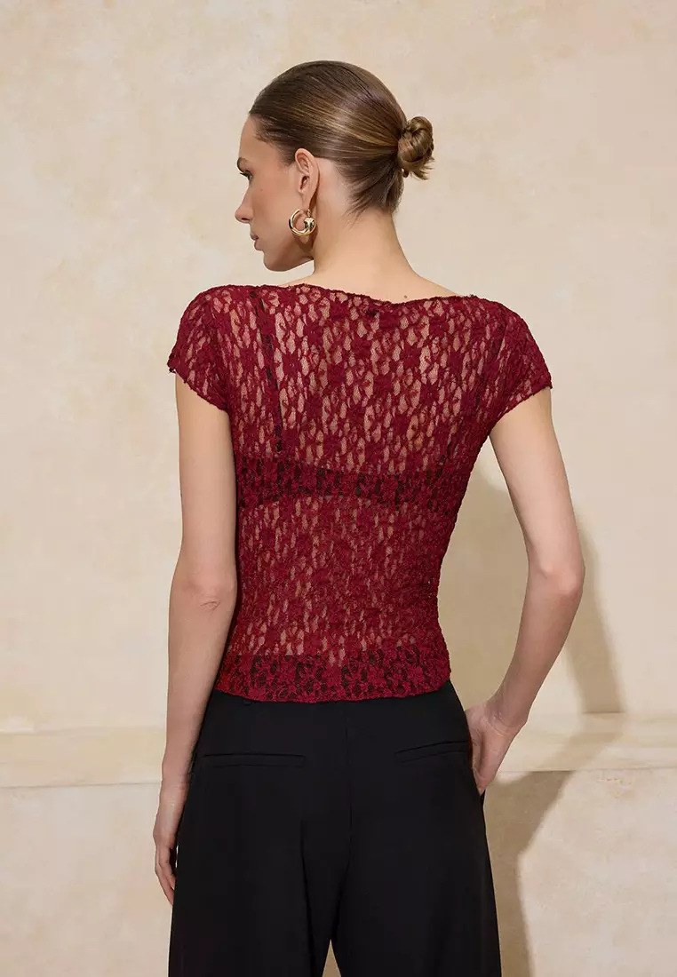 Burgundy Fitted/Bodycon Boat Neck Short Sleeve Lace Knitted Blouse Twoss26Bz185