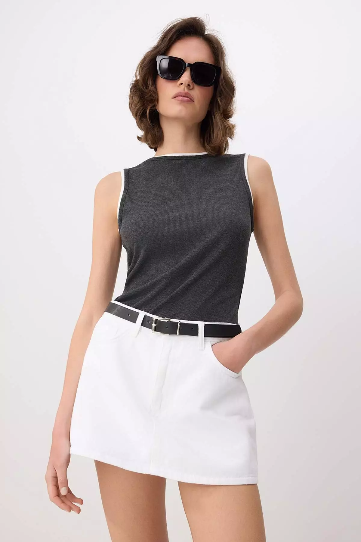 White Belt Detailed Denim Skirt With Skirt-Like Back Detail Twoaw26Sr2