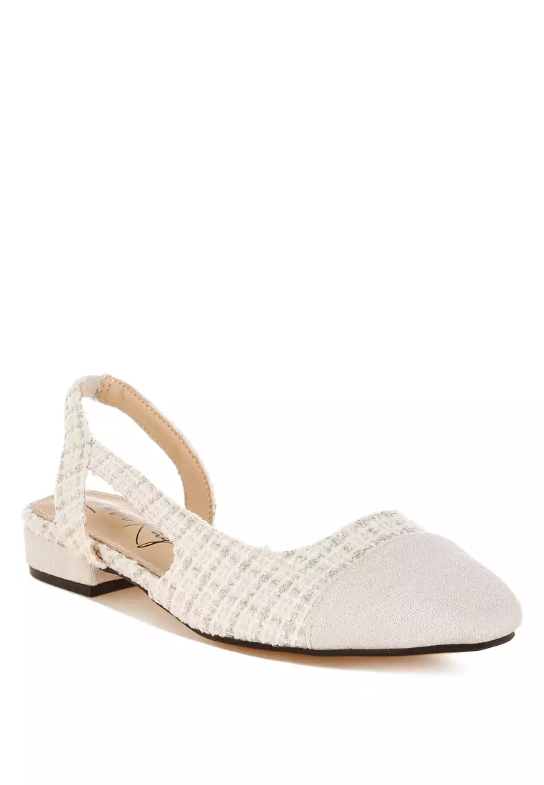Tweed Slingback Sandals in Off White