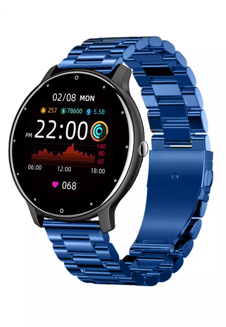 男女通用 IOS/Android 黑色智慧手錶，附 IP 藍色不鏽鋼錶帶 + 1 條免費黑色橡膠錶帶