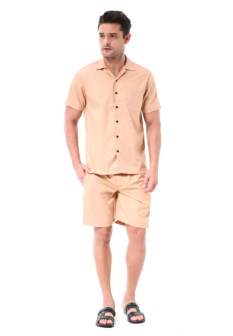 Deon Piyama Pria Plain Motive Kemeja One Set Lengan Pendek Material Cotton ORIGINAL - Cream