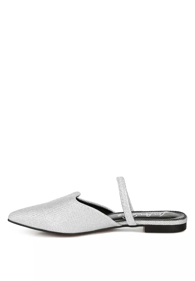 Glitter Faux Leather Flat Mules in Silver