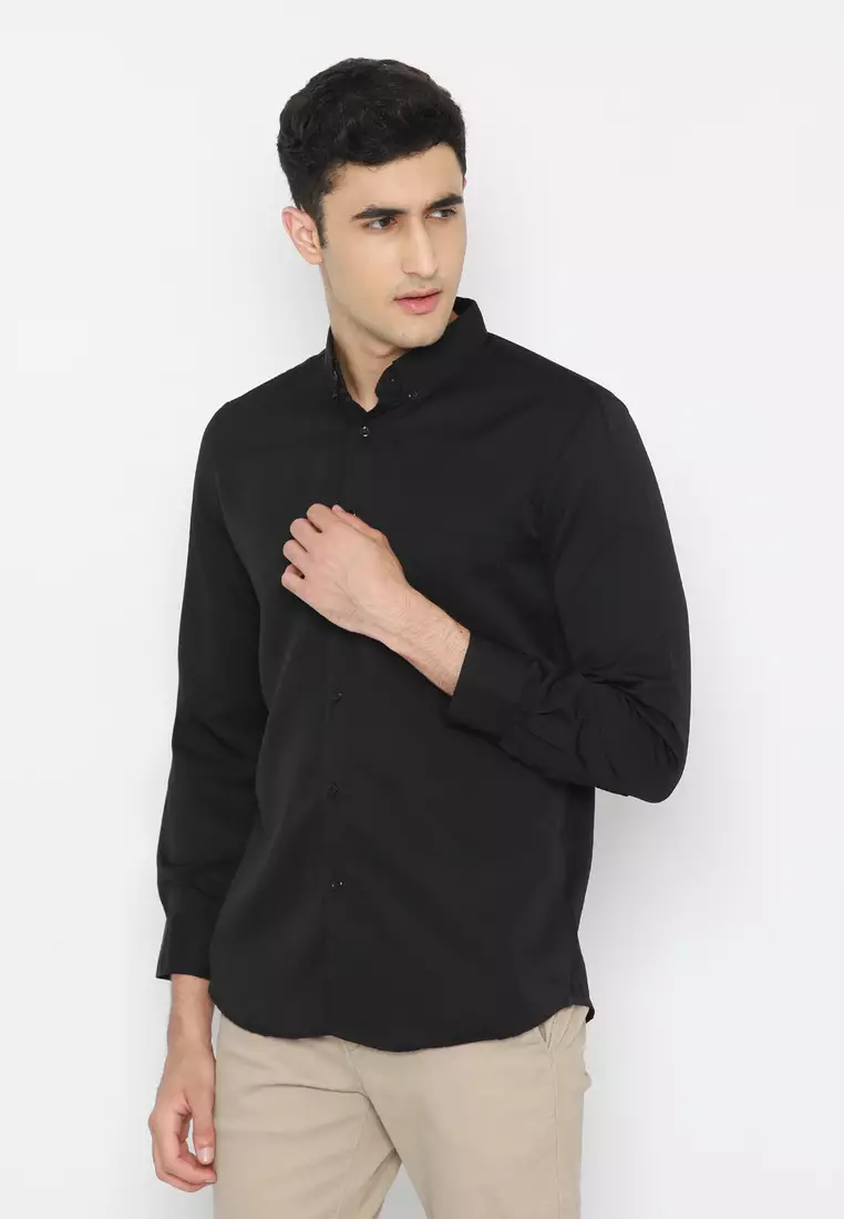 Platini Baju Kemeja Pria Lengan Panjang Polos Polinosic Hitam 66100