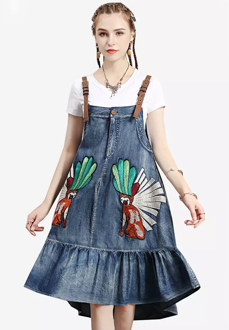 Irregular Slit Denim Strap Dress For Women Vintage Loose Long