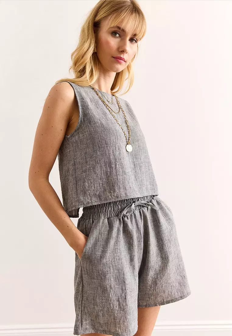 Top Back Button Blouse Bottom Pocket Shorts Set