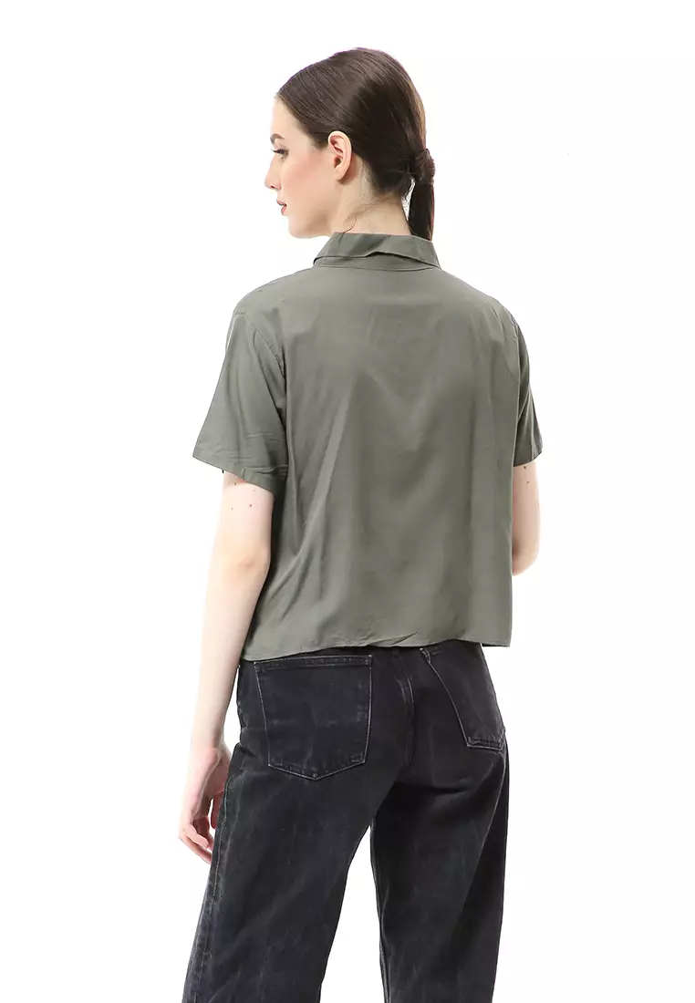 Melinda Kemeja Crop Top Atasan Wanita Motif Polos Relaxed Fit - Army