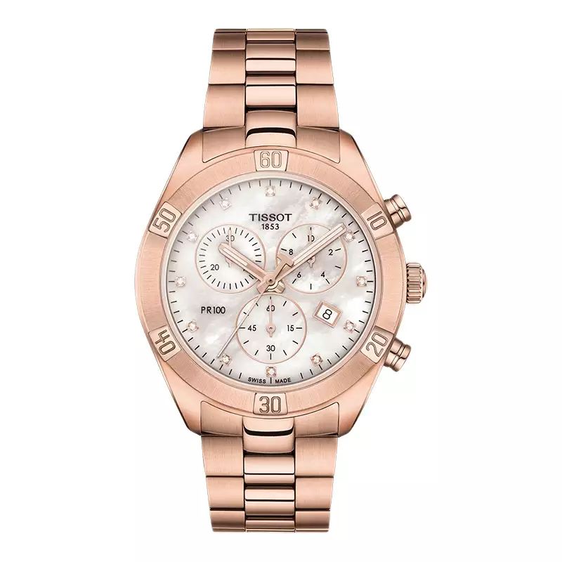 Jam Tangan Wanita Tissot T Classic T101.917.33.116.00 PR 100 Chronograph MOP Dial Rose Gold Stainless Steel Strap