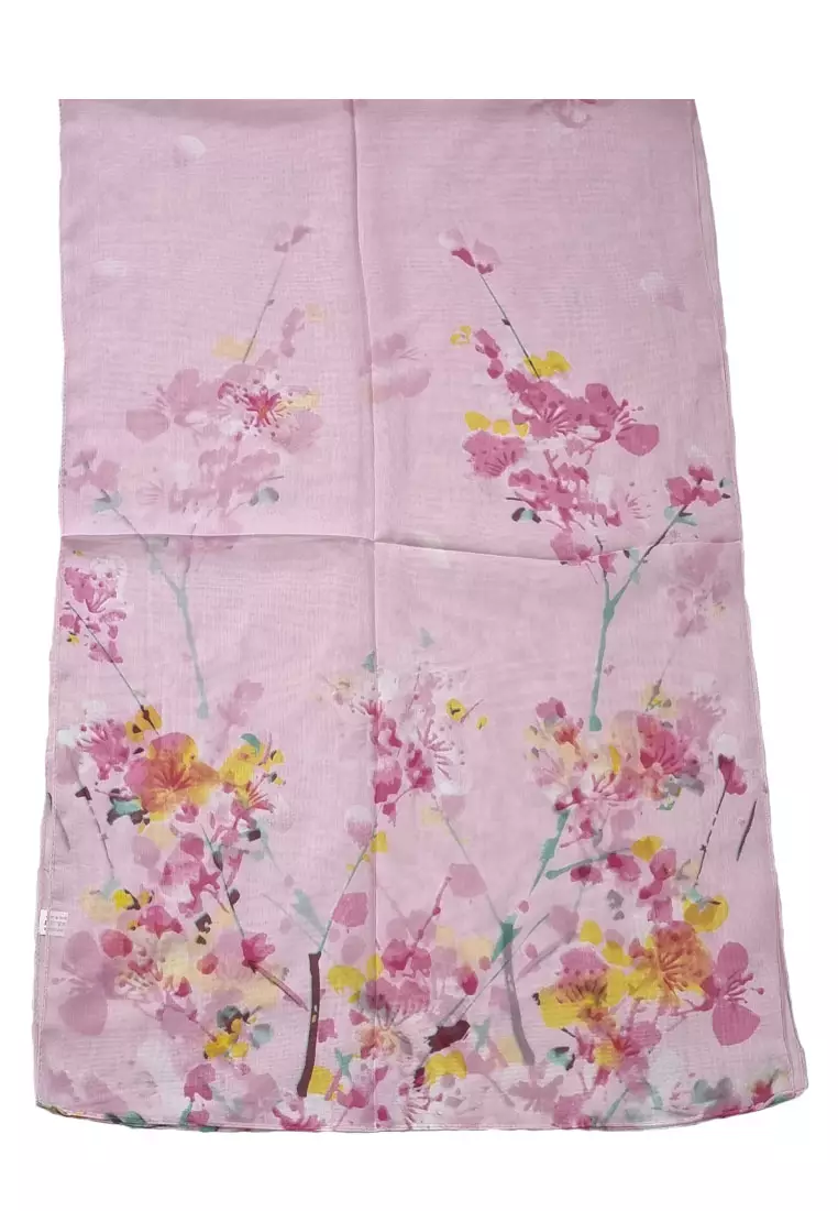 Aksesoris Scarf  Wanita Sakura Tree Silk-Feel Scarf Syal Wanita Pink