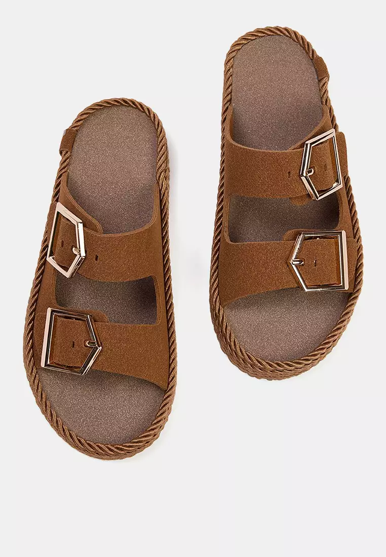 Tan Double Striped Gold Antique Buckle Women's Thick Sole Slippers Takss25Sd00073