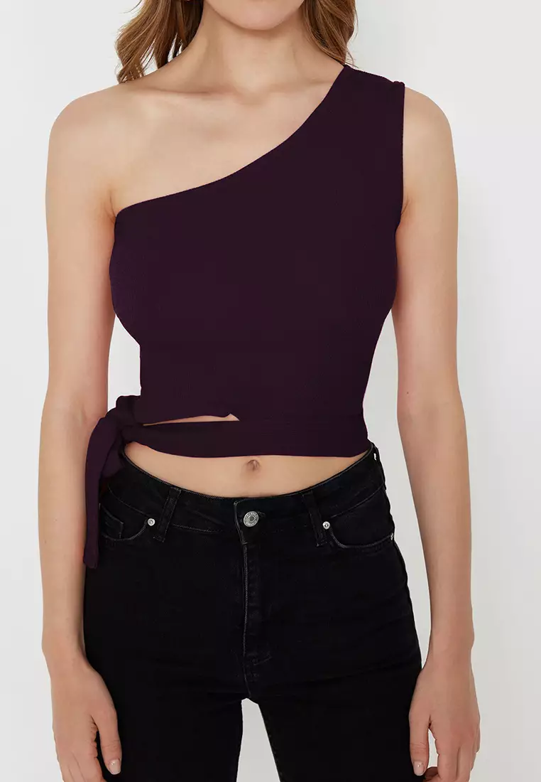 Damson Single Shoulder Fitted Tie Detail Ribbed Knitted Blouse