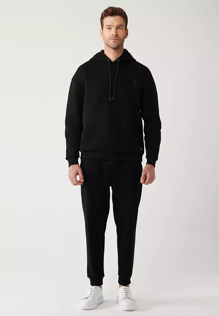 Men's Black Hooded 3 Thread Raised Sweatshirt A32Y1190