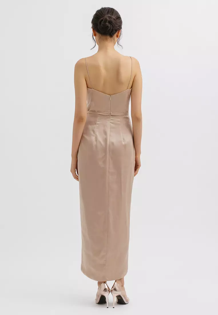 Overlap Tulip V Neck Midi Dress in Gold