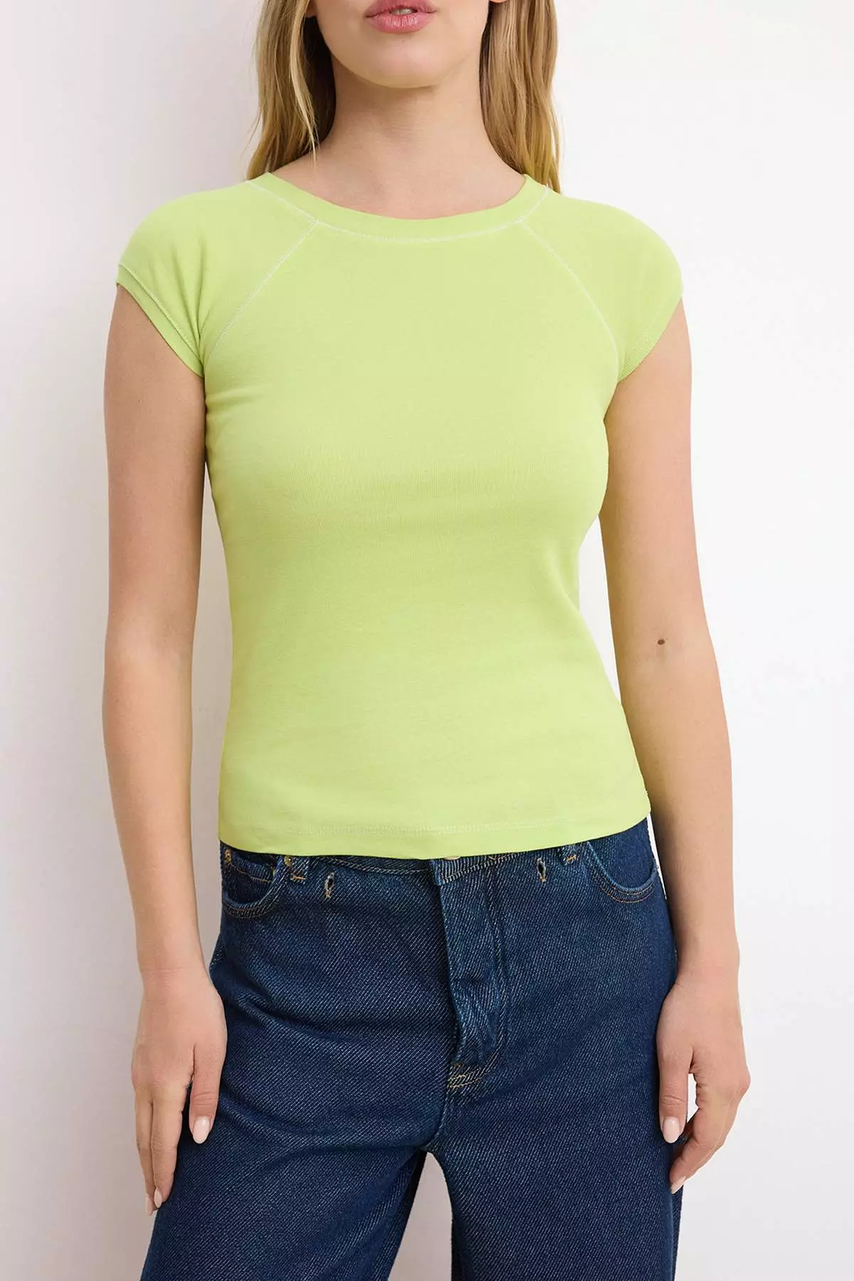 Lime Fitted/Body-Fitting Raglan Sleeve Short Sleeve Ribbed/Camisole Knitted Blouse Twoss26Bz618
