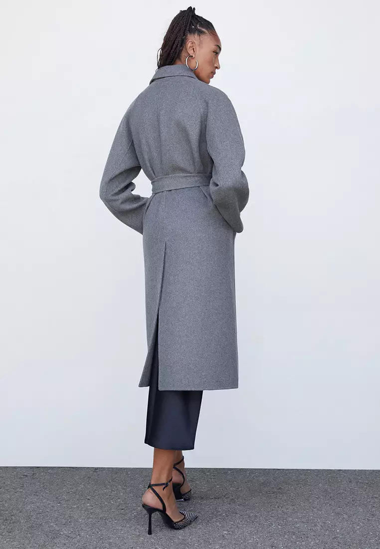 mango grey belted wool coat