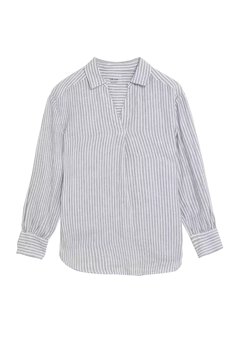 Jual Marks & Spencer Pure Linen Striped Long Sleeve Blouse Original ...