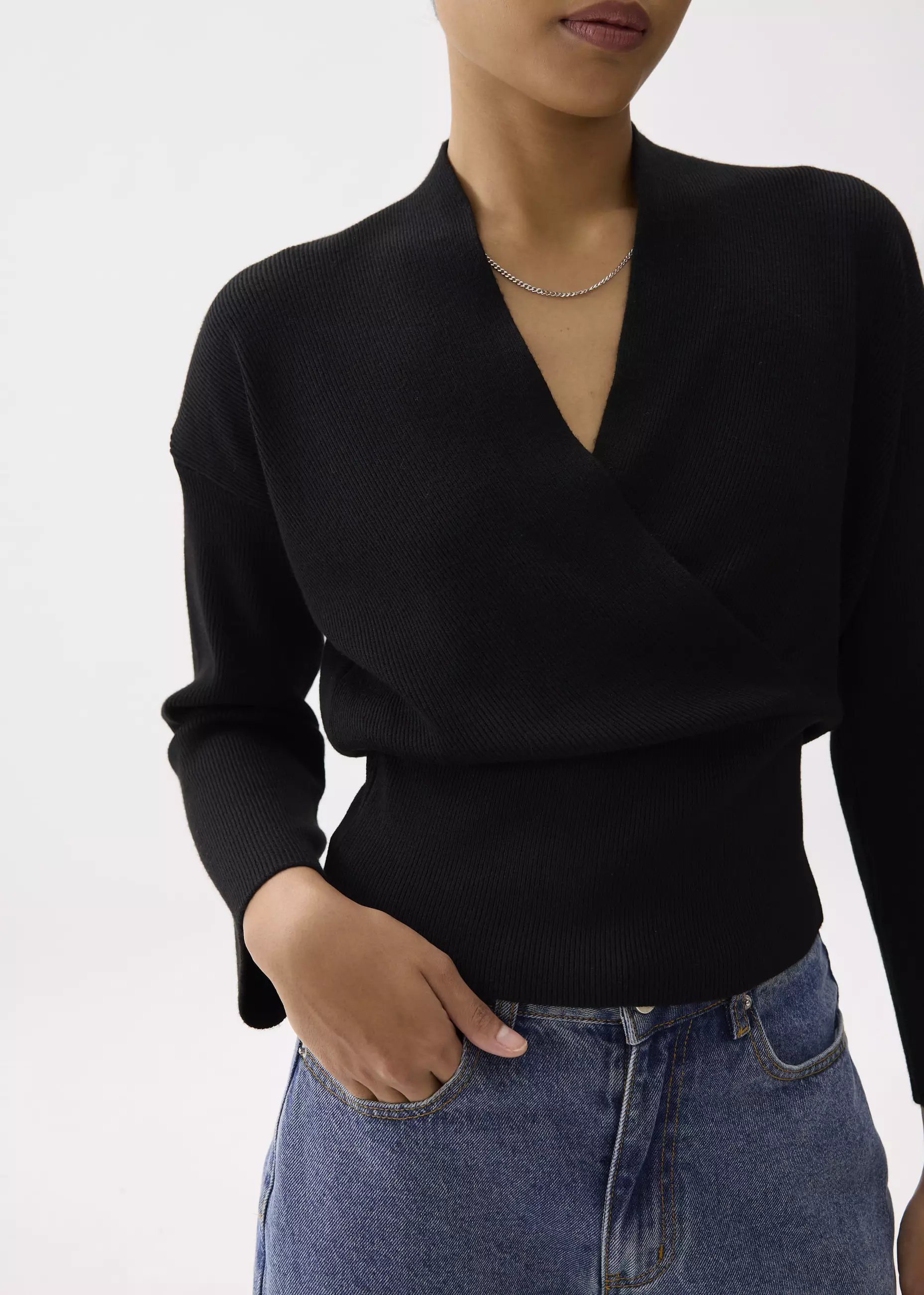 Atasan Wanita - Emiko Relaxed Knit V-neck Wrap Top