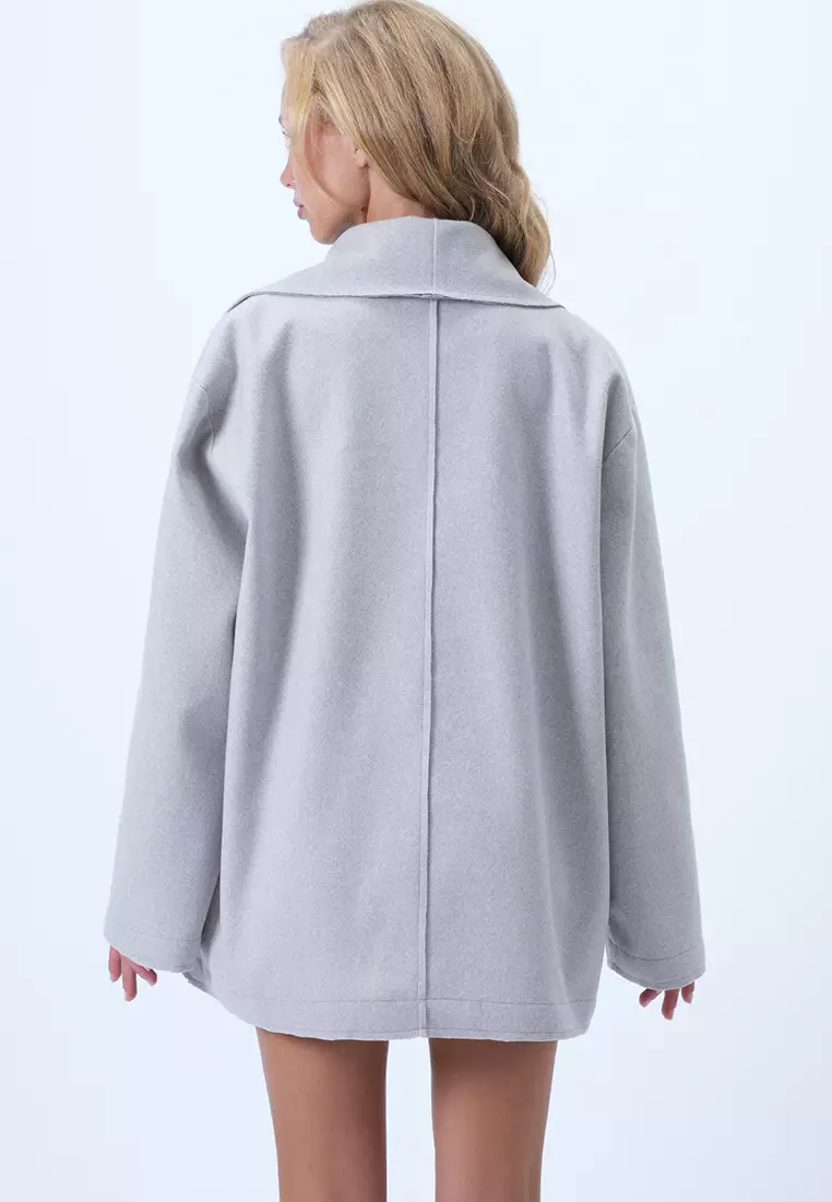 Women's Gray Jacket Collar Stitch Detailed Cashmere Coat Alc-X14422