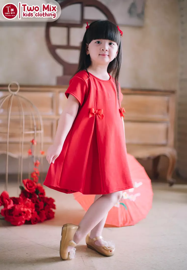 CNY 2024 - Two Mix - Lunara Dress Anak Imlek Perempuan 2024 - Gaun Anak Cewek Lunar Chinese New Year 1-12 Tahun 4389 Colour Red