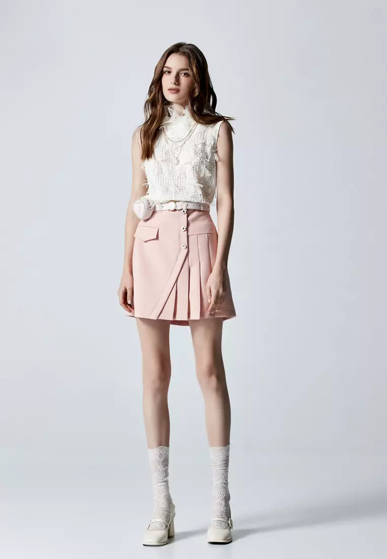 Pink Asymmetric Pleated Skirt