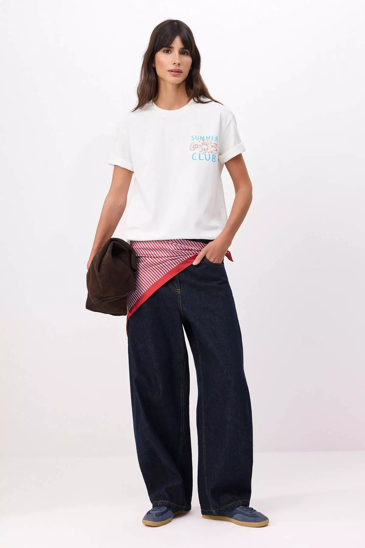 Ecru Printed Oversize/Wide Fit Short Sleeve 1% Cotton Knitted T-Shirt Twoss26Ts116