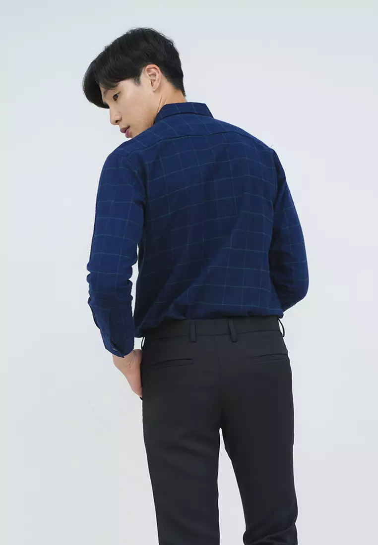 Kemeja lengan panjang pria formal slim fit sleeve navy houseofcuff