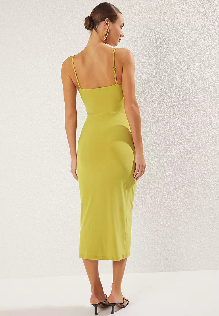 Oil Green Strappy Cowl Neck Fitted Flexible Maxi Knit Dress