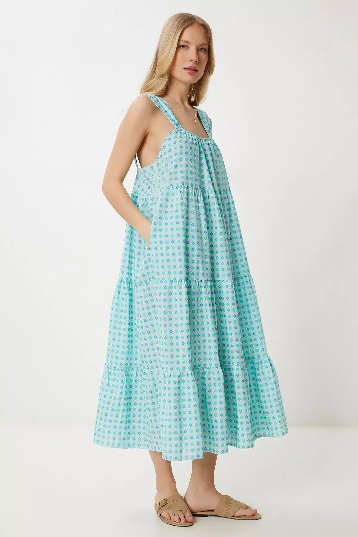 Women's Mint Green Patterned Flounced Summer Dress Fk00024