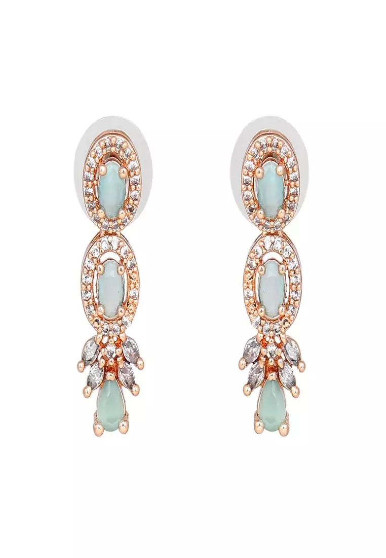 Estele Rose Gold Plated CZ Shimmering Drop Earrings With Mint Green Stones For Women