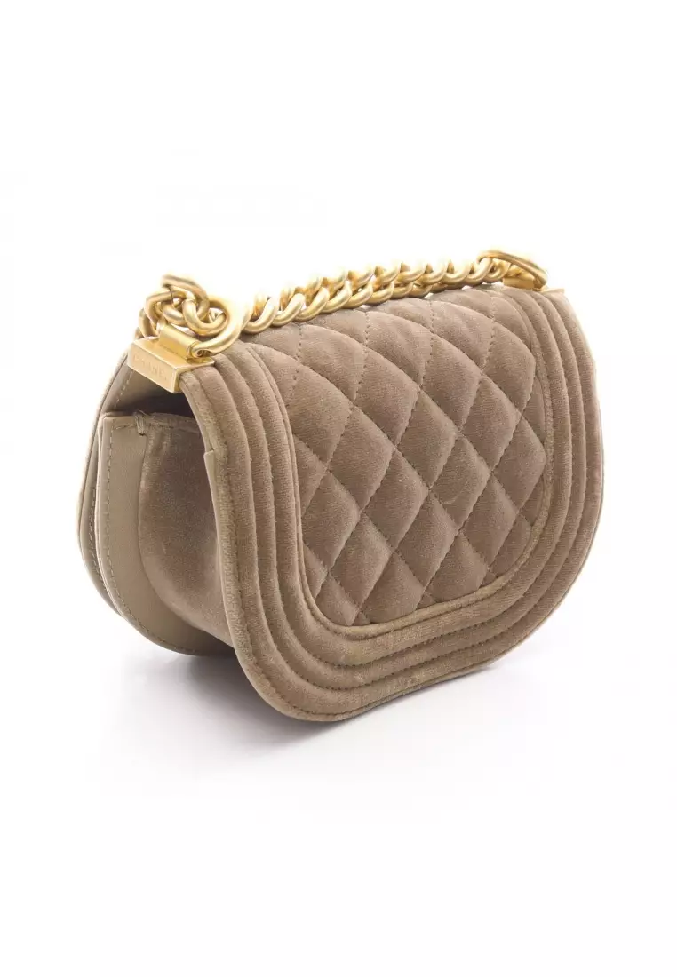 Pre-Loved Chanel boy chanel mini matelasse chain shoulder bag Velor Khaki brown gold hardware