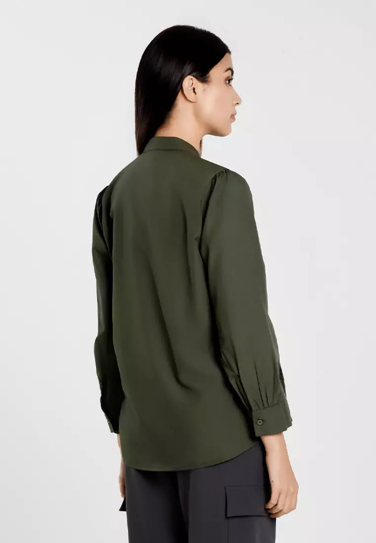 Forest Ladies Front Pleated Blouse Women Plain Long Sleeve Top - 822513-45Dk Olive