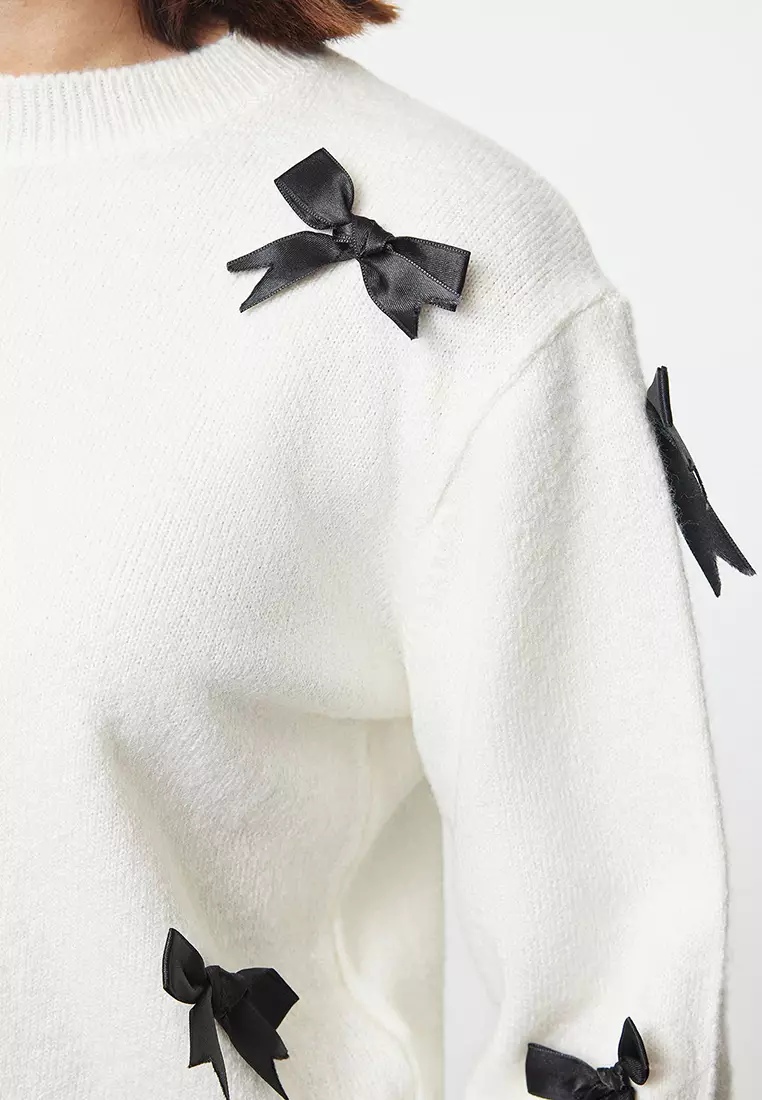 Ecru Soft Texture Ribbon/Bow Detailed Knitwear Sweater Twoaw25Kz00155