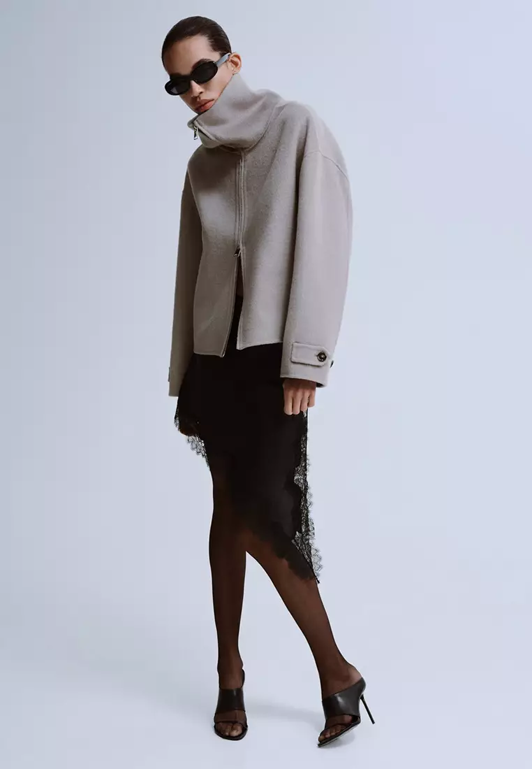 Satin Asymmetric Short Skirt With Lace