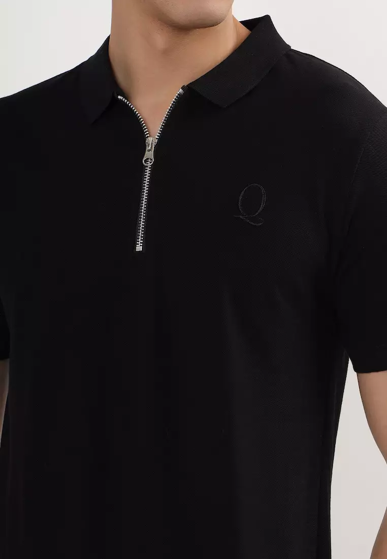 Mens Solid Black Cotton Relaxed Fit Polo Shirt/Tshirt With Zip, Short Sleeve, Activewear, Casual Wear