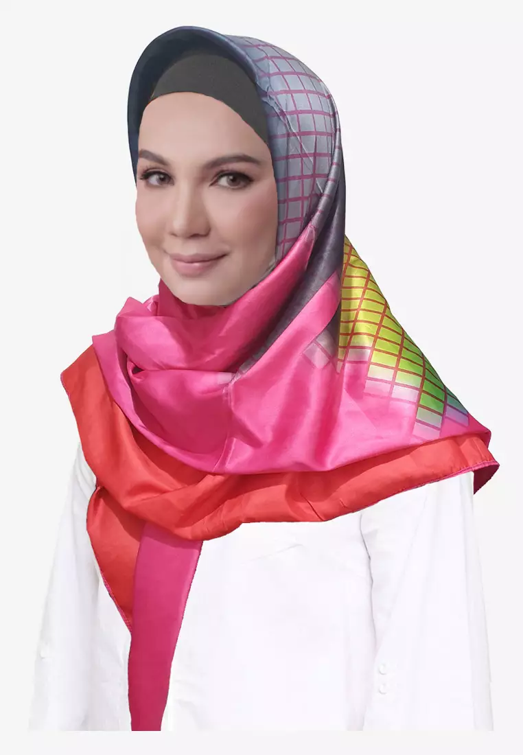 Reversible Silky Checkered Gradient Square Scarf Fuchsia Pink