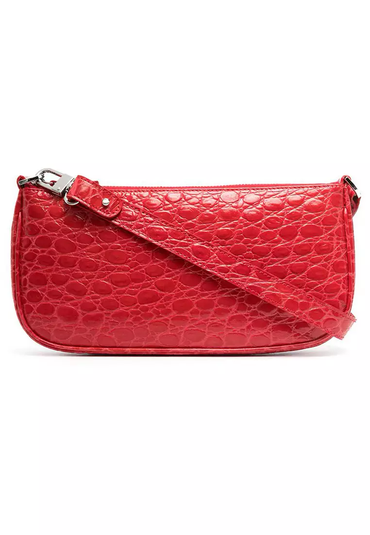 By Far Rachel Croco Embossed Leather Shoulder Bag in Pomodoro