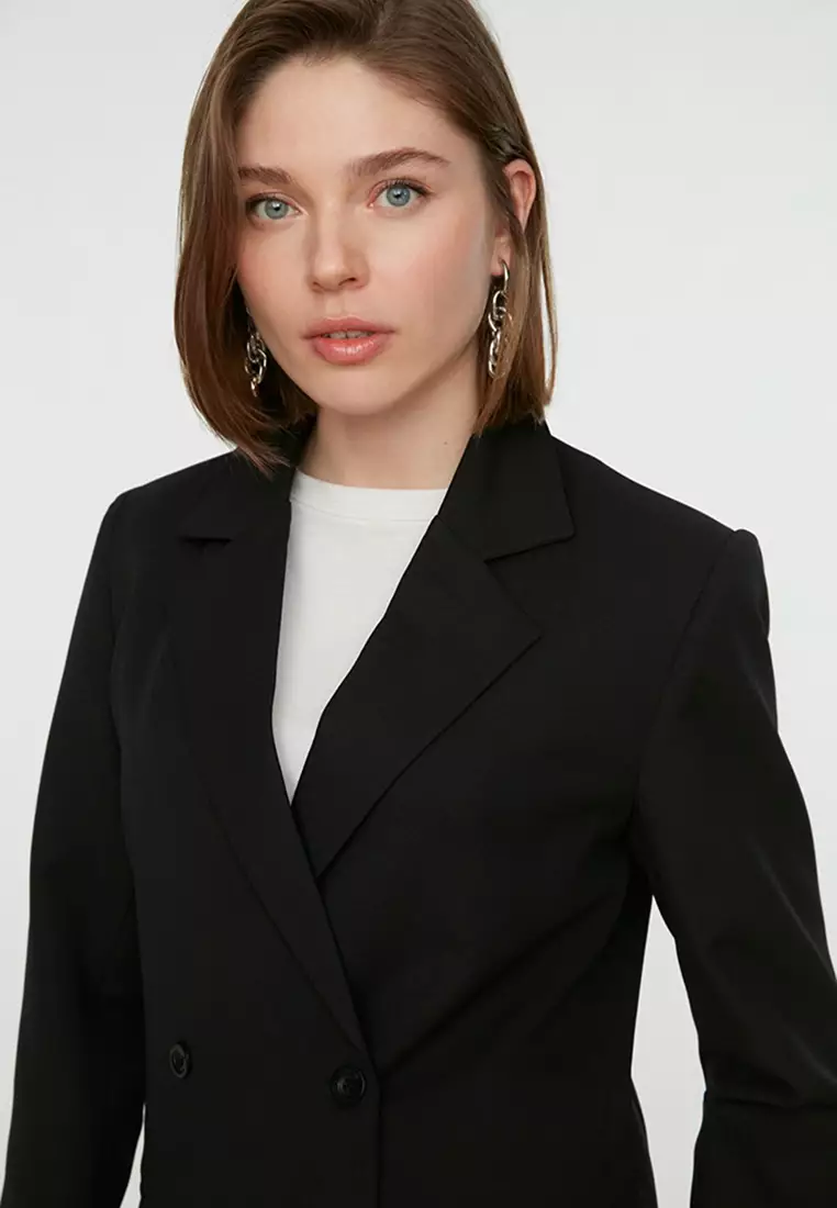 Double Button Detailed Pocket Lined Blazer Woven Jacket