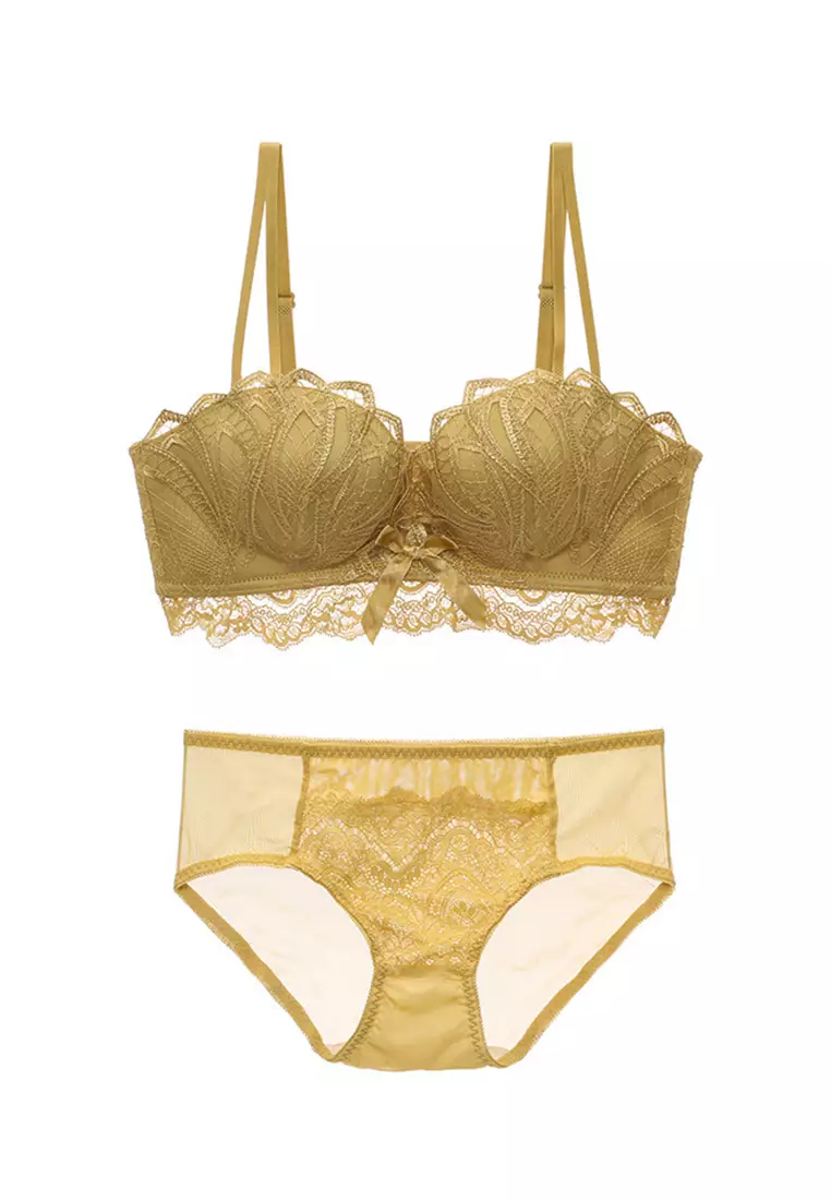 ZITIQUE Women's Spring-summer Demi-cup Non-wired Deep V Lace Lingerie Set (Bra  and Underwear) - Yellow 2024, Buy ZITIQUE Online