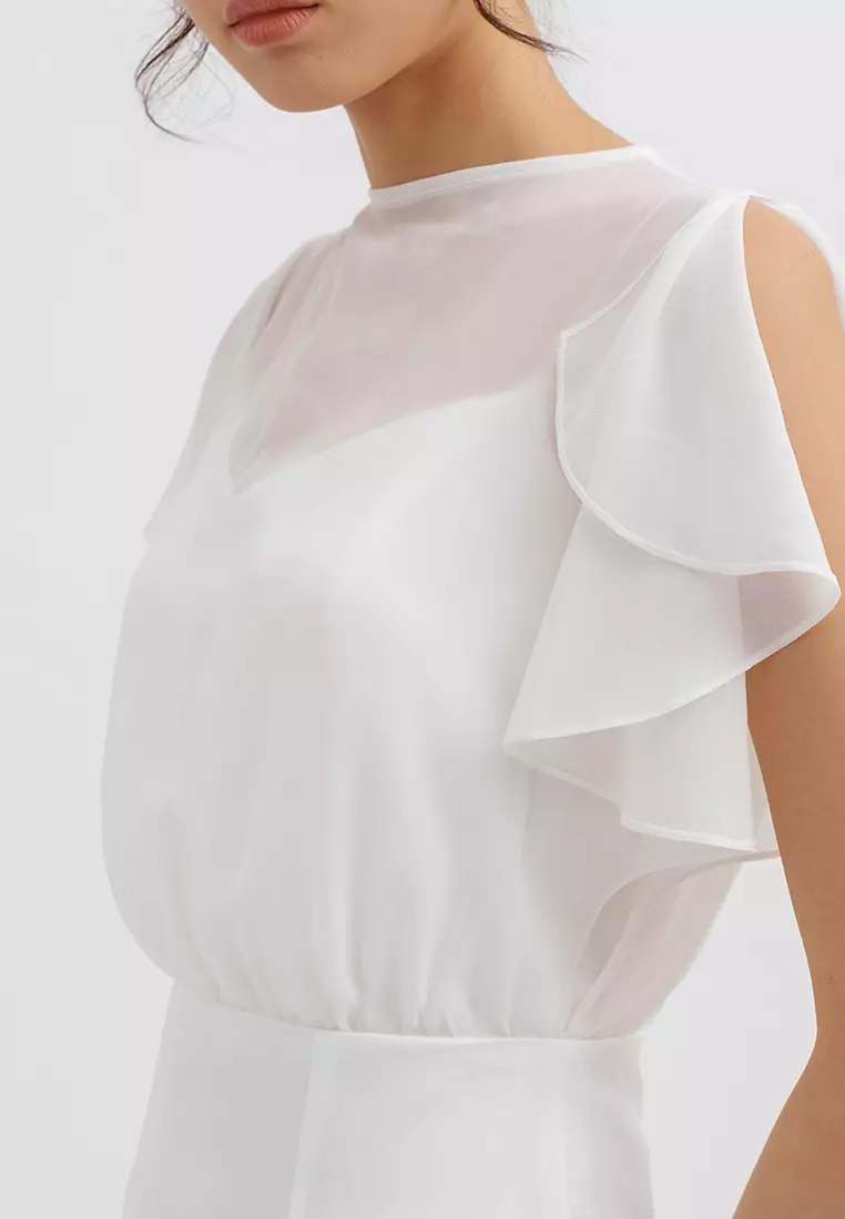 High Neck Drapery Sleeve Midi Dress in White