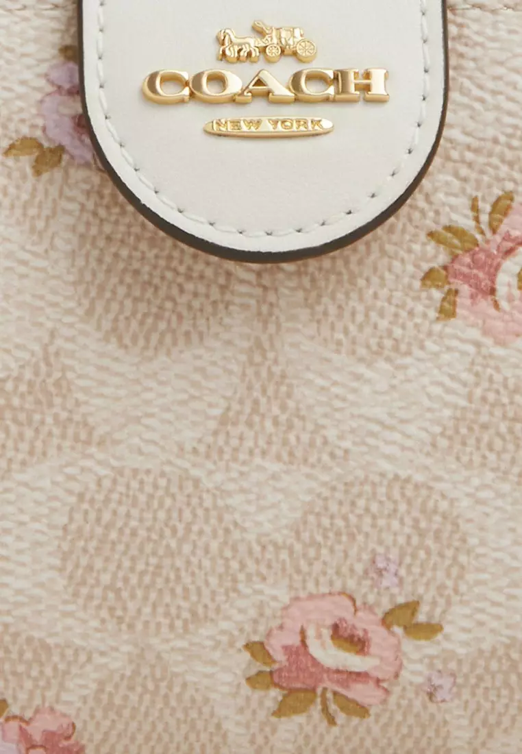 Medium Corner Zip Wallet In Signature Canvas With Floral Print - Sand/Multi