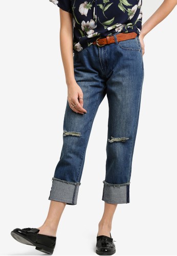 Washed Rip Fold-Up Hem Jeans