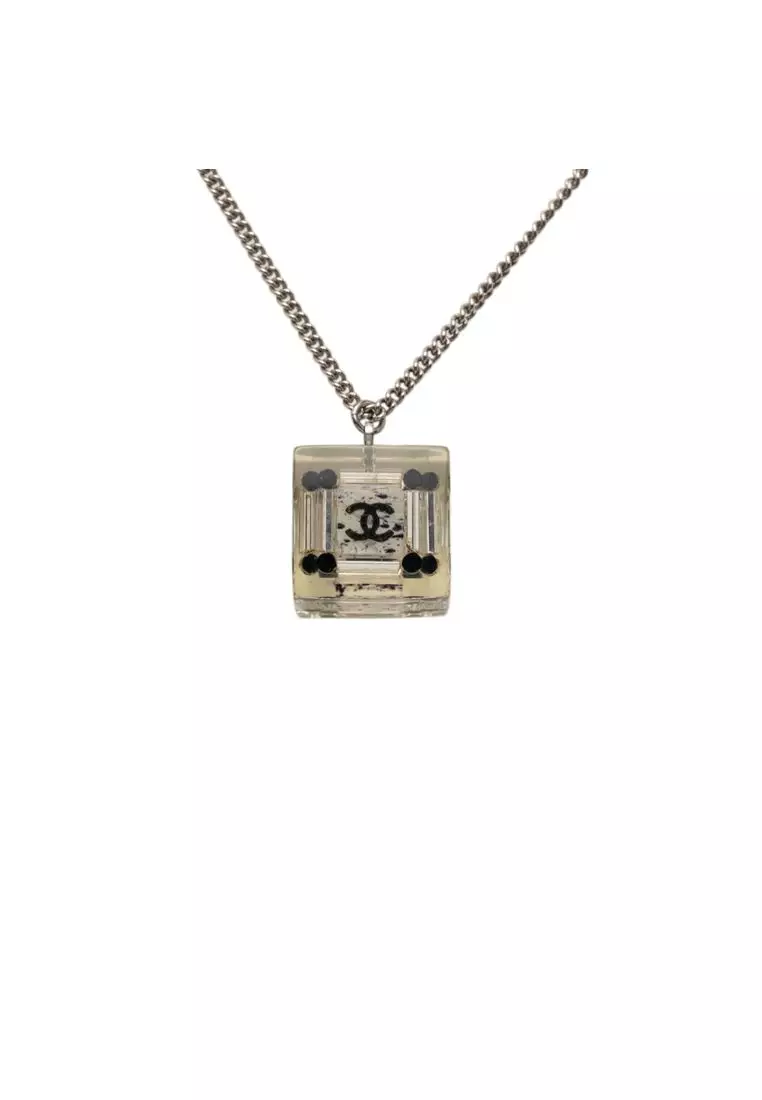 Pre-Loved Chanel Cc Plated Brass Acrylic Cube Pendant Necklace