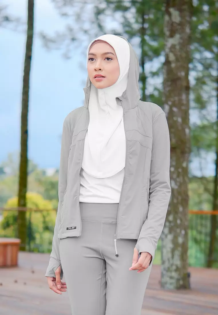 Zelena - Clemen Hoodie Fit | Jaket Olahraga Wanita Slim Fit Anti UV Gym Yoga Pilates - Stone Grey