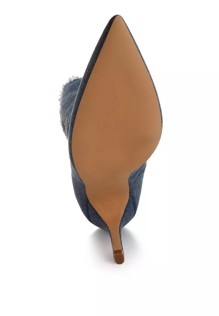 Distressed Denim Mid-Calf Boots in Denim