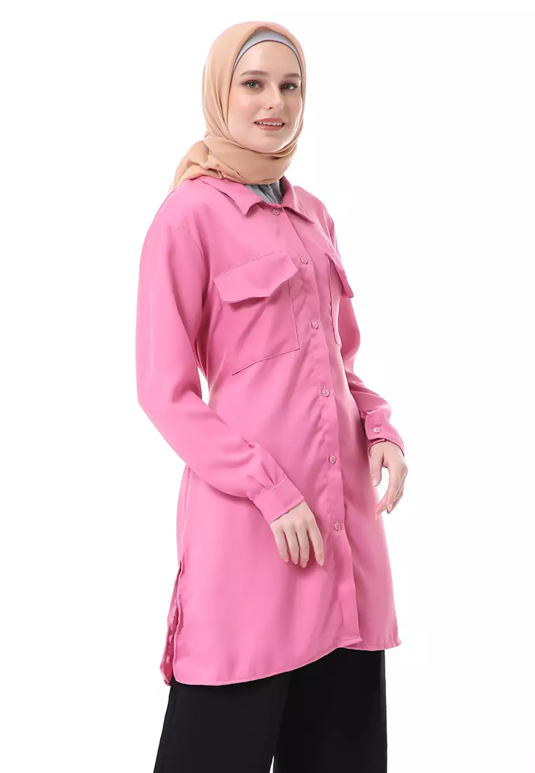 Babyla Long Tunik Pakaian Atasan Muslimah Wanita Motif Polos - Dusty