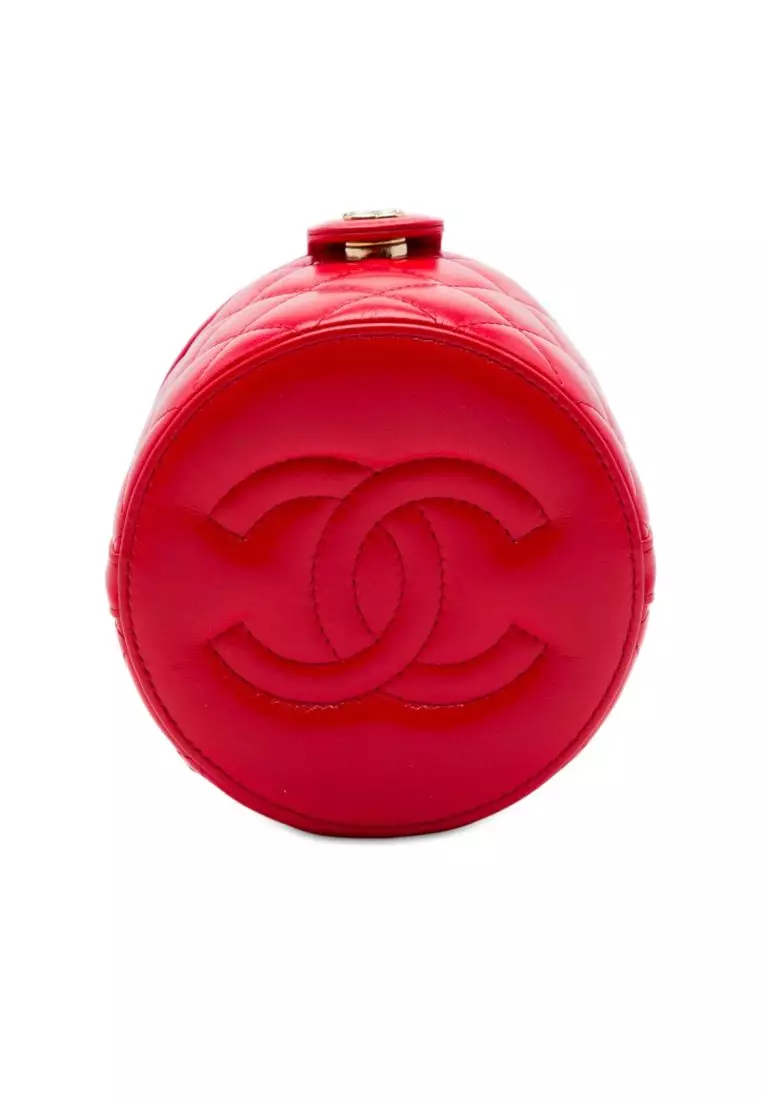 Pre-Loved Chanel Cc Quilted Lambskin Top Handle Round Vanity Case With Chain