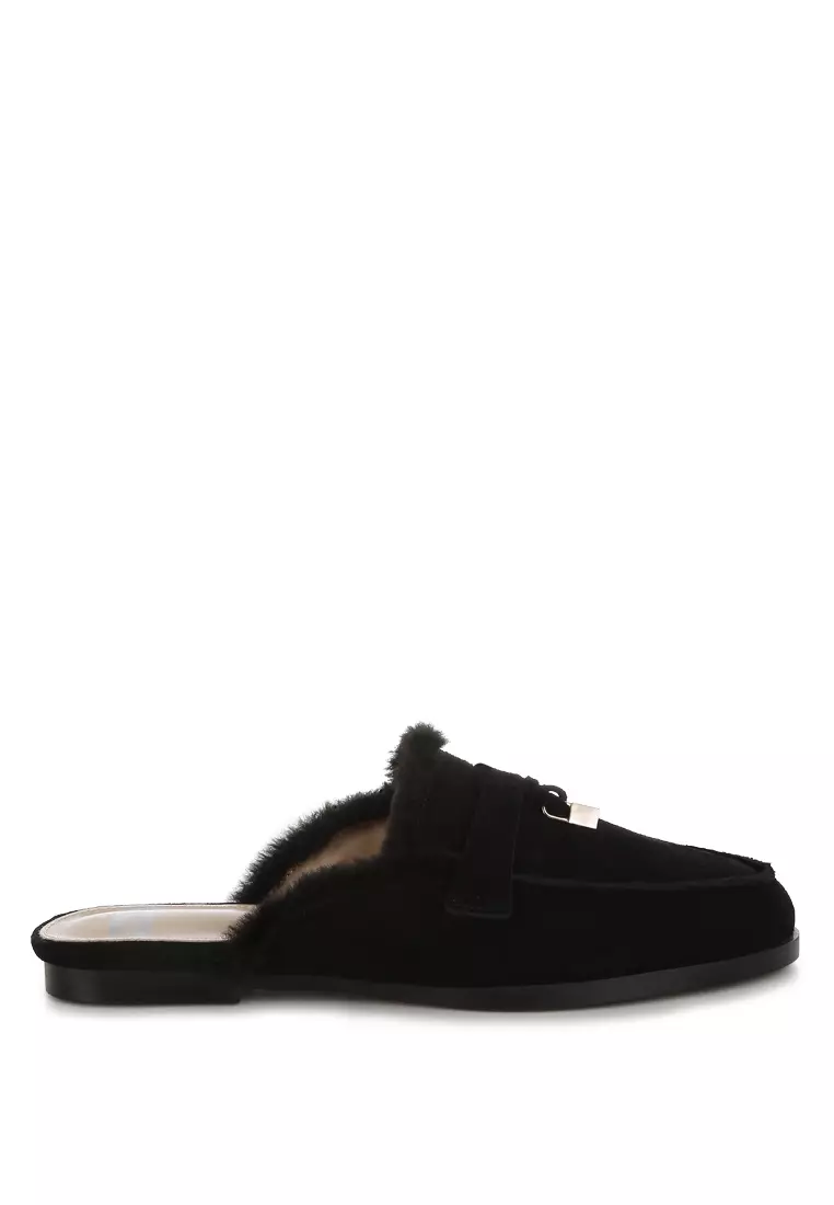 Rag & CO. Suede & Faux Fur Slip-On Mules in Black