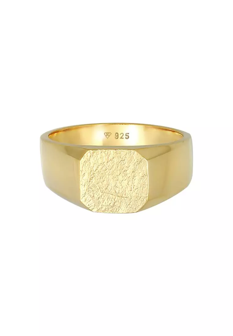 Ring Men Signet Square Matt Robust Solid in 925 Sterling Silver Gold Plated